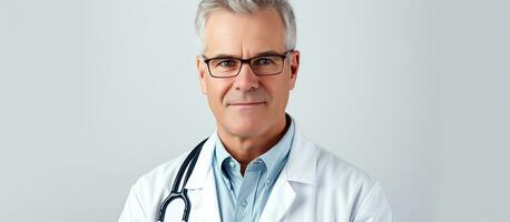 mezzo anziano medico indossare bicchieri sorridente e guardare a telecamera isolato su bianca sfondo assistenza sanitaria concetto foto