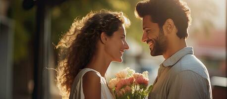 sorridente uomo sorprese moglie con fiori baci fronte foto