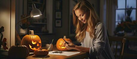 bianca donna a casa la creazione di un' Halloween zucca lezione con sua telecamera per sociale media vuoto la zona foto