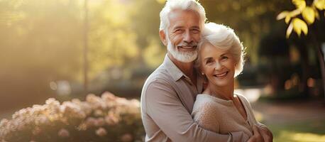 anziano uomo e donna felicemente abbraccio all'aperto mostrando amore e gioia foto