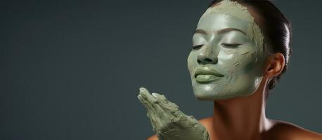 mezzo anziano donna con un' verde facciale maschera puntamento per vuoto spazio su isolato sfondo il polvere colore fondale migliora bellezza e cura della pelle estetico foto