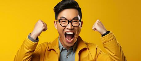 contento asiatico uomo festeggiare successo eccitato del Millennio maschio nel bicchieri condivisione positivo emozioni foto