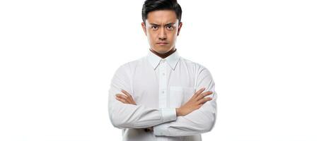 infastidito indonesiano uomo nel tradizionale cappello braccia attraversato guardare con disapprovazione a vuoto spazio isolato su bianca sfondo foto