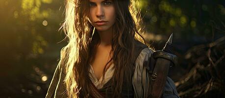 un' giovane donna vestito come un' pirata pose all'aperto con un' macete fornire camera per testo foto