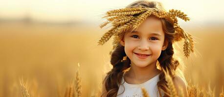 carino poco ragazza con Grano ghirlanda e pane su d'oro Grano campo foto