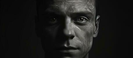 avvicinamento nero e bianca ritratto di un' uomo con acne cicatrici isolato su un' nero sfondo foto