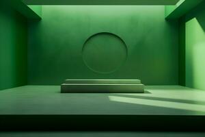 vuoto camera con verde parete e vuoto palcoscenico per Schermo di presentazione Prodotto, con ombra e leggero a partire dal finestre, nel il stile di minimalista sfondo, moderno interno concetto, ai creare foto