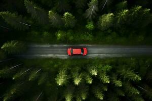 strada attraverso il verde foresta, aereo Visualizza rosso auto guidare andando attraverso foresta, aereo superiore Visualizza foresta, ai creare foto