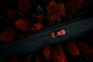 strada attraverso il verde foresta, aereo Visualizza rosso auto guidare andando attraverso foresta, aereo superiore Visualizza foresta, ai creare foto