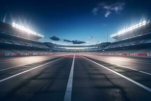 asfalto da corsa traccia e illuminato gara sport a stadio sera arena e riflettore, ai creare foto