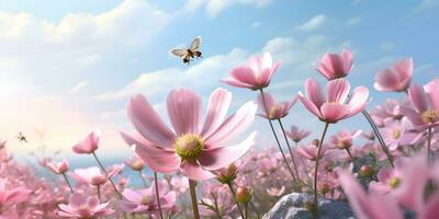 anemoni rosa fiori campo nel il fresco primavera contro blu cielo, ai creare foto