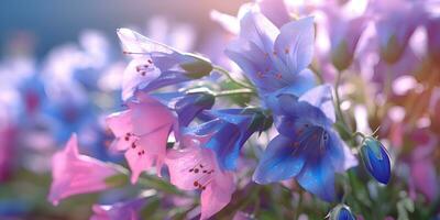 campanula rosa fiori nel il campo contro blu cielo, ai creare foto