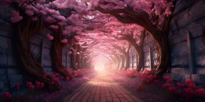 il romantico tunnel di rosa ciliegia fiorire fiore alberi primavera nel il parco, ai creare foto