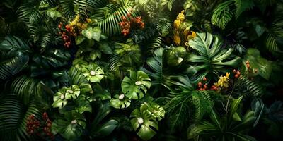 superiore Visualizza tropicale fiori alberi impianti sfondo, ai creare foto