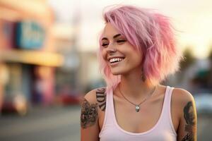 ragazza con rosa capelli con tatuaggi su il strada, foto