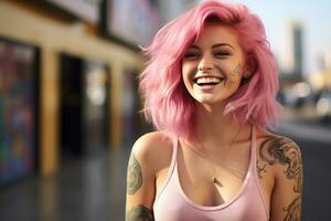 ragazza con rosa capelli con tatuaggi su il strada, foto