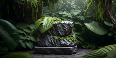 grande pietra podio nel giungla giungla 3d illustrazione, tropicale giungla sfondo. generativo ai foto