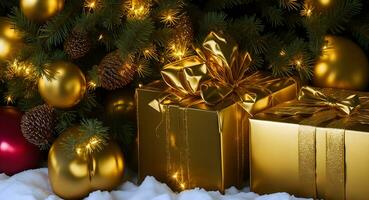 un' d'oro regalo scatola splendente fra il Natale alberi, illuminato di il magico scintillio di albero luci. generativo ai foto
