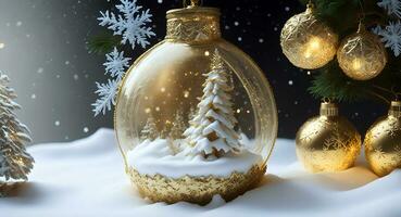 invernale paesaggio di d'oro e bianca Natale ornamenti. generativo ai foto