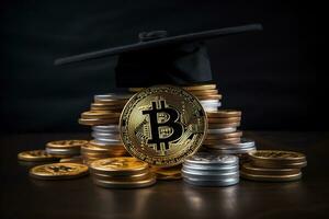 laureato berretto con bitcoin monete su buio sfondo. bitcoin formazione scolastica concetto. foto