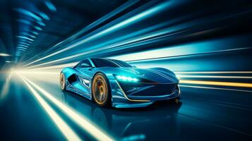 veloce guidare blu lusso sport auto in movimento alto velocità su il strada gara traccia con movimento sfocatura effetto foto