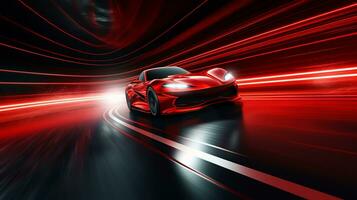rosso sport auto su il strada con movimento sfocatura effetto foto