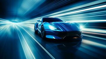 veloce guidare blu lusso sport auto in movimento alto velocità su il strada gara traccia con movimento sfocatura effetto foto