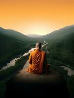 buddista monaco nel meditazione su cima della montagna a bellissimo tramonto o Alba foto