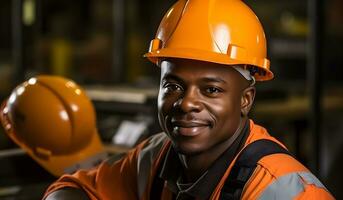 afro americano industriale lavoratore. concetto di sicurezza le misure, qualificato lavoro duro e faticoso e forza lavoro. foto