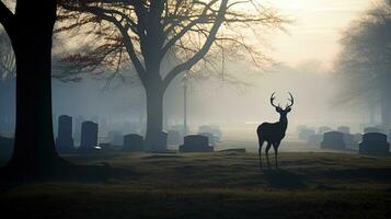 nebbioso mattina silhouette di un' cervo nel cimitero foto