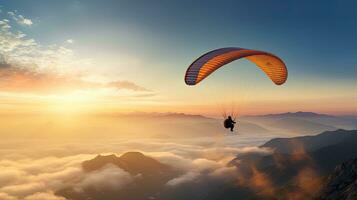 Vintage ▾ colorato parapendio silhouette sopra nebbioso Crimea valle a Alba foto