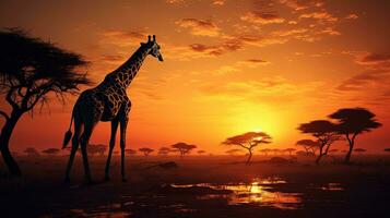 tranquillo, calmo africano tramonto con giraffe. silhouette concetto foto
