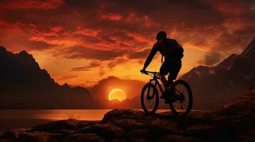 uomo su montagna bicicletta tramonto silhouette foto