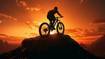 tramonto silhouette di un' uomo Ciclismo su un' montagna bicicletta foto