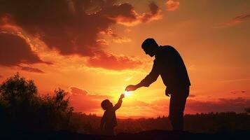 contento padre con bambino mano silhouette nel natura parco a tramonto foto