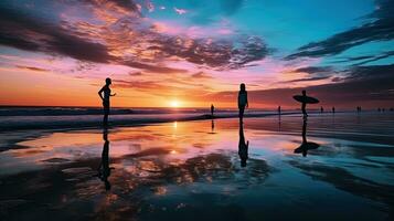 un' ragazza cattura surfers equitazione onde contro un' panoramico fondale di colorato cielo e acqua. silhouette concetto foto