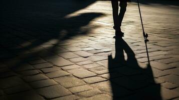 zoppicando persona con canna ombra su terra simboleggiante invalidità vecchio età cecità intenso vita. silhouette concetto foto