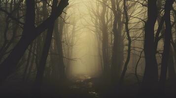 un misterioso foresta su un' nebbioso inverno giorno. silhouette concetto foto