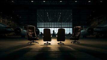 un' persona si siede nel il sedia a il lontano giusto graffiare il suo testa come quattro sedie occupare il Aperto hangar porta. silhouette concetto foto