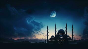 moschee con cupola e mezzaluna che rappresentano islamico tradizioni e celebrazioni su un' crepuscolo cielo con spazio per Arabo testo simboleggiante Ramadan eid al adha eid un. silhouette concetto foto