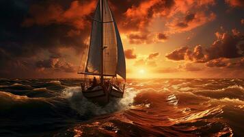 tempestoso cieli nel il sera barca a vela su il oceano a tramonto. silhouette concetto foto