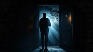 nascosto adulto maschio agguato dietro a il porta. silhouette concetto foto