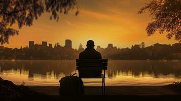 uomo seduta su lago merritt panchina con il computer portatile. silhouette concetto foto