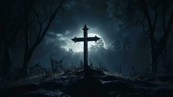 illuminato dalla luna cimitero con un' attraversare. silhouette concetto foto