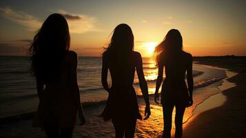 ragazze su spiaggia a tramonto delineato. silhouette concetto foto