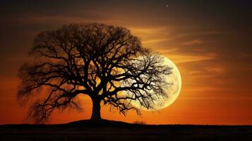 staglia quercia albero a tramonto con pieno Luna contro d'oro cielo nel inverno foto
