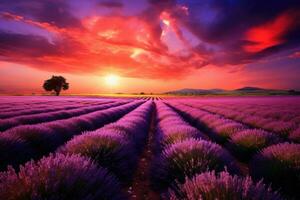 tramonto al di sopra di lavanda campo nel Provenza, Francia. bellissimo lavanda campo paesaggio Visualizza a tramonto volta, ai generato foto