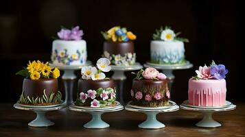 miniatura cioccolato torte, decorato con commestibile fiori. generativo ai foto