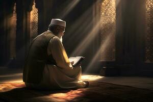 musulmano Sambuco seduta nel Masjid lettura Corano prima preghiera tempo a sottomesso buio luce. ai generativo foto