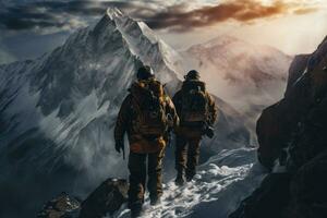 Due scalatori scalata il picco di un' neve coperto montagna. generativo ai foto